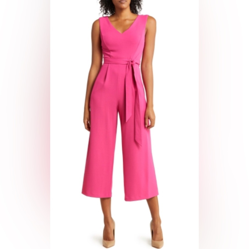 NWT Calvin Klein Sleeveless Tie Waist Magenta Pink Wide Leg Jumpsuit W/Pockets 6